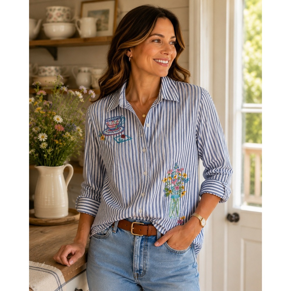 Blair Embroidered Striped Button Shirt Women's Small Cottagecore Floral Blue VTG